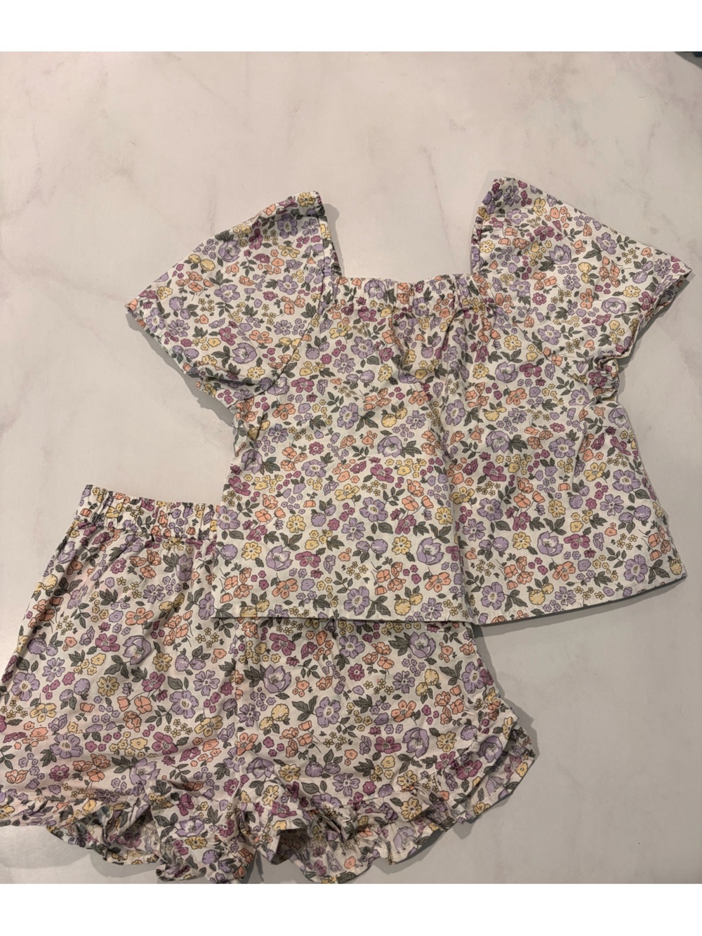 Floral Cotton Girls' Shorts Set in Cream with Purple & Orange Flowers